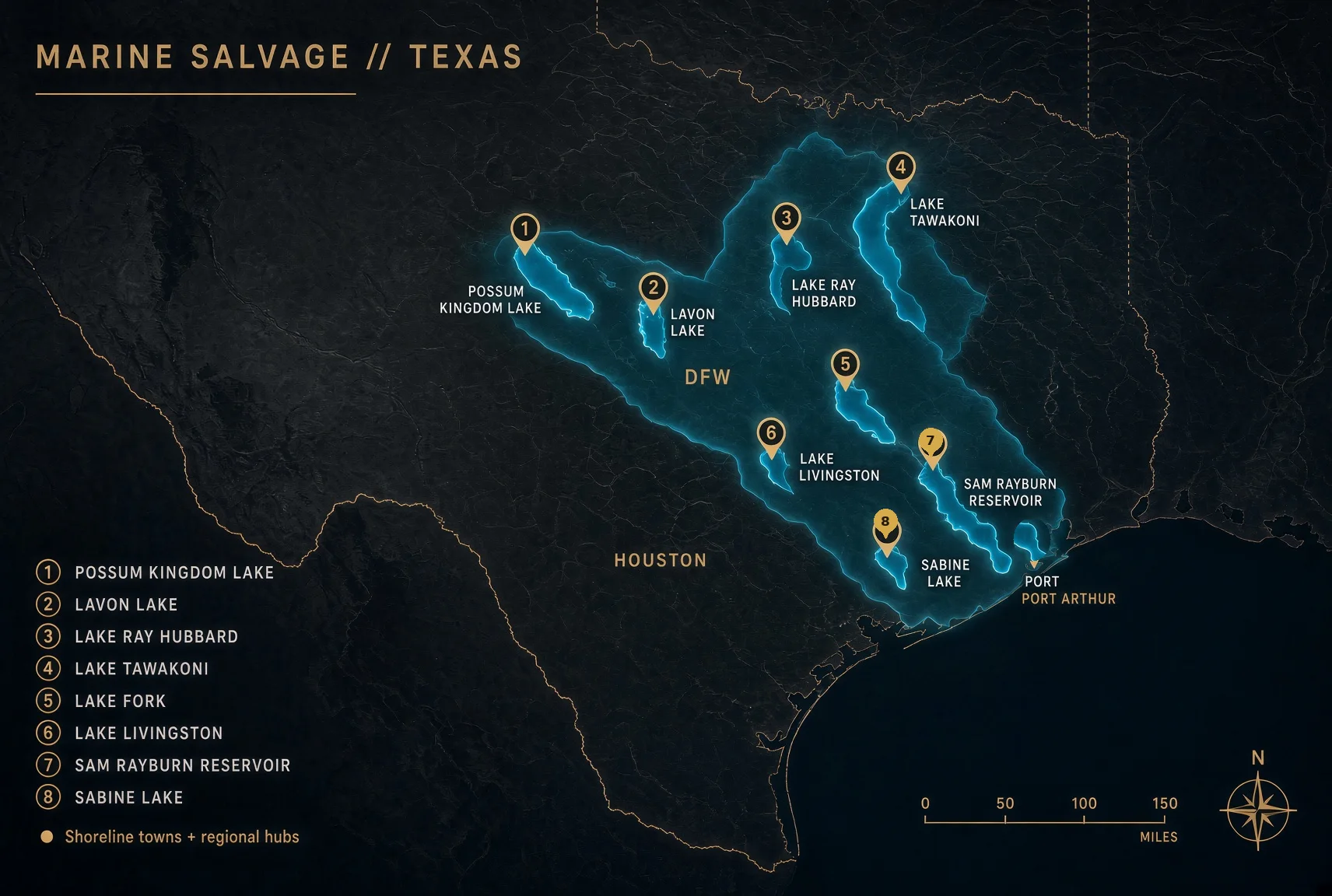 Map of H2O Boat Tow's Texas service area: Possum Kingdom Lake, Lavon Lake, Lake Ray Hubbard, Lake Tawakoni, Lake Fork, Lake Livingston, Sam Rayburn Reservoir and Sabine Lake.